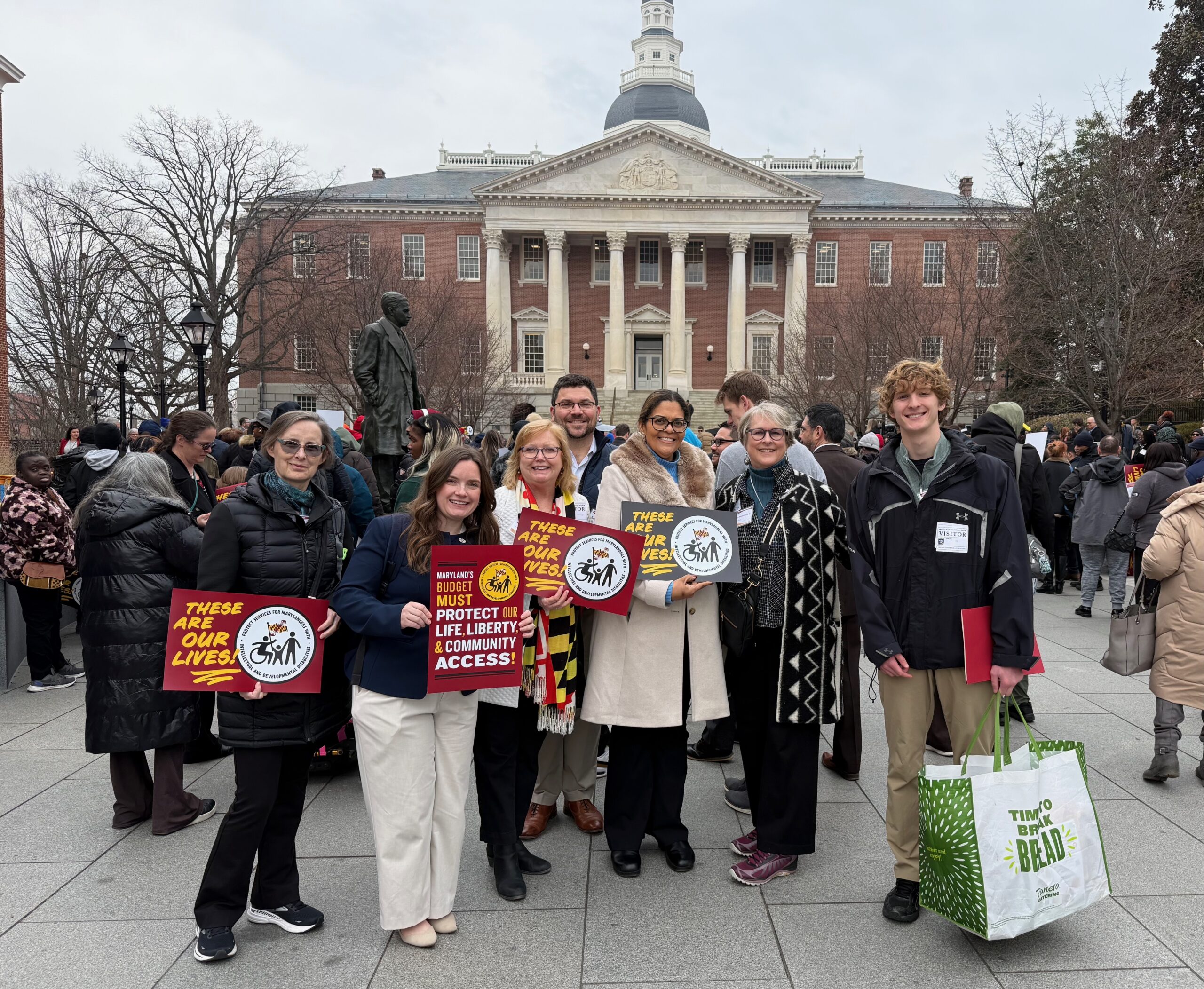 Autism Society of Maryland advocates outside of the State Capitol for a Rally to Save Developmental Disability Services