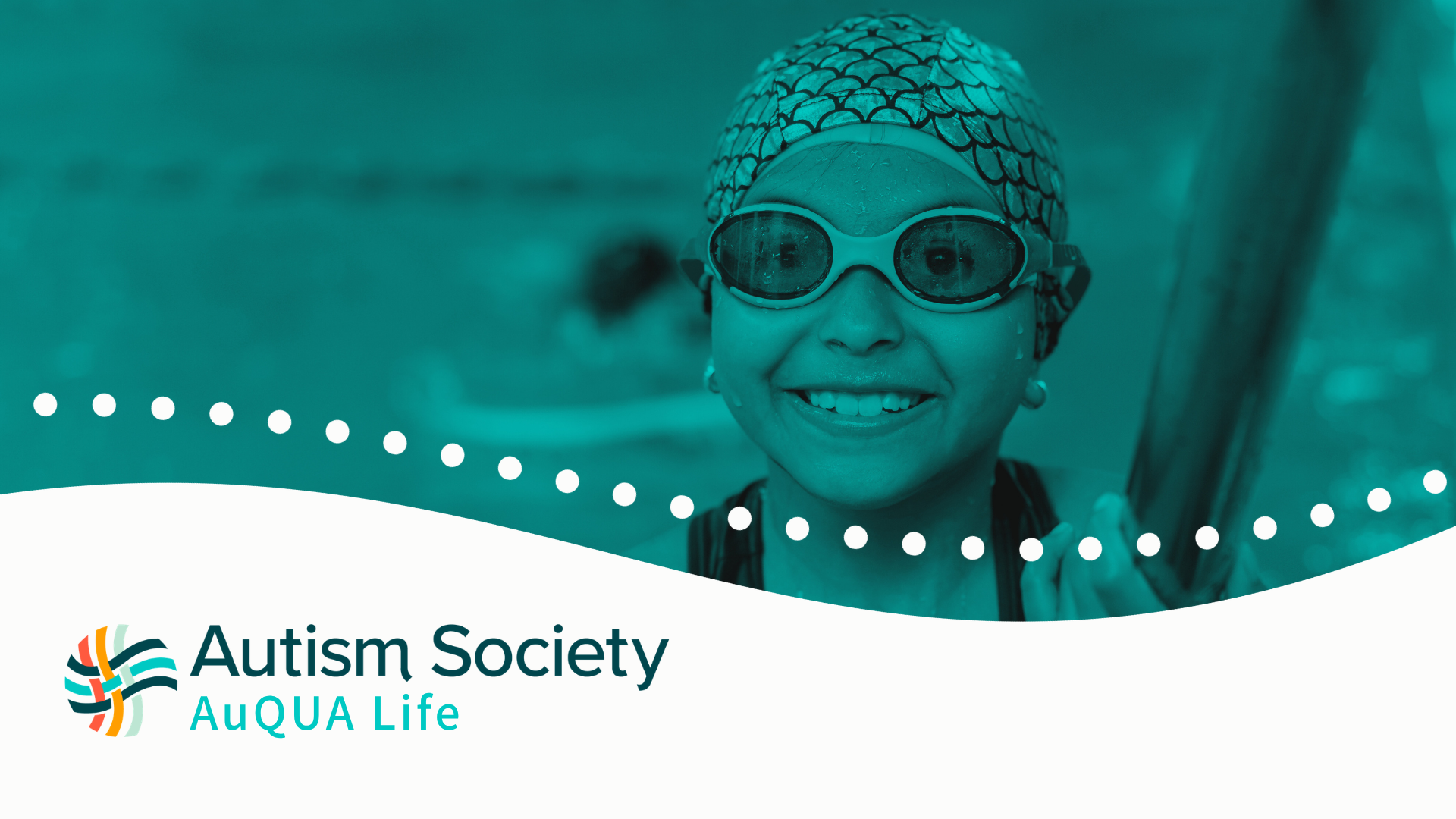 A young girl in a pool wearing goggles and the Autism Society AuQUA Life logo
