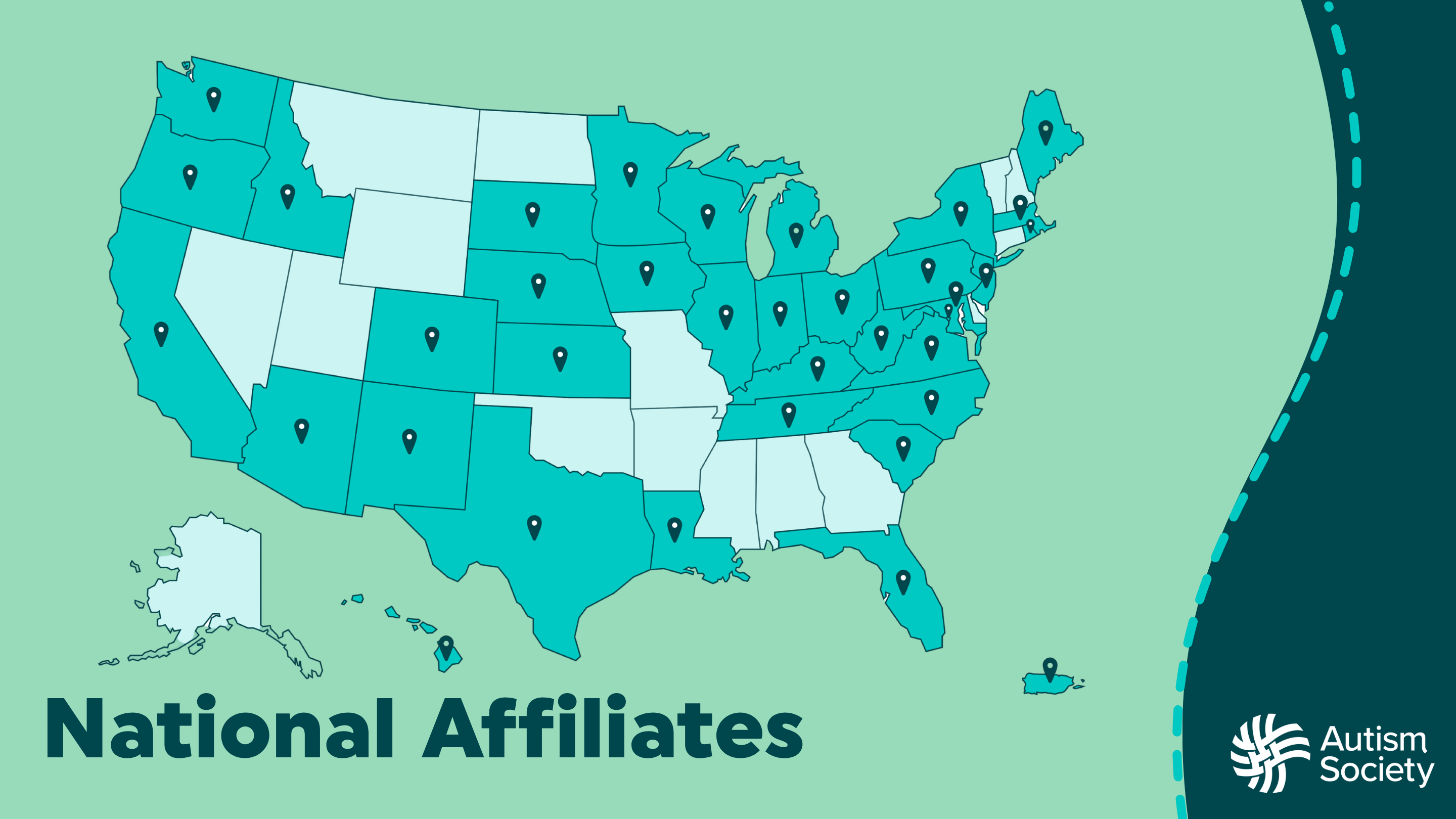 An image of the US Map with map pins in the locations of the Autism Society Affiliates. Text reads National Affiliates.