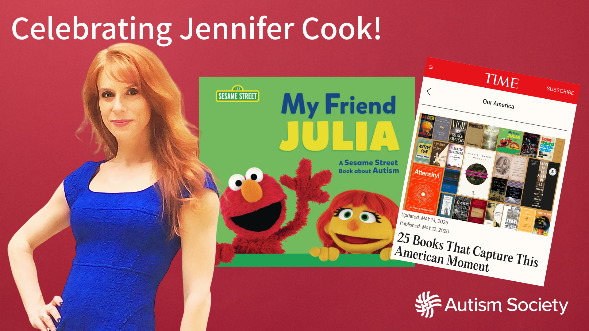 A photo of Jennifer Cook alongside the cover of the book, My Friend Julia" and a screenshot of the books selected by TIME.
